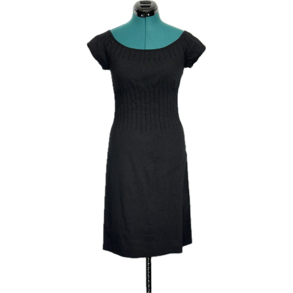 Theory Ashby Linen Blend Pintuck Sheath Dress 2 Black Cap‎ Sleeve Minimalist